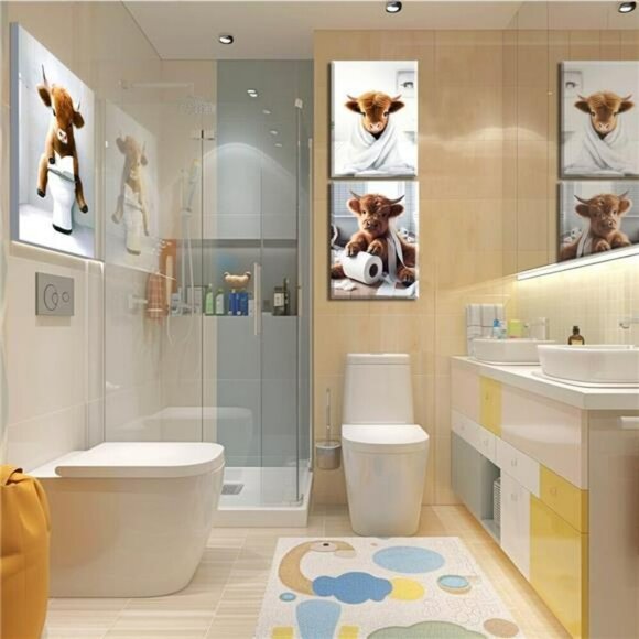 Highland Cow Wall Art Set Framed Funny Bathroom Farmhouse Rustic Decor 12x16 - Picture 5 of 8
